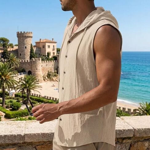 Men Linen Sleeveless Hoodies Button Down Shirt Summer Casual Hawaiian Beach Lightweight Fashion Hoodies in Saudi Arabia