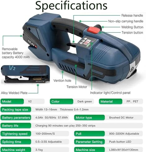Electric Strapping Machine, Industrial Automatic Banding Tool, with Digital Display, Portable Baler Packaging Tensioner Kit, 2x4000mah Battery, for Warehouse Box Pallet Packaging in Saudi Arabia