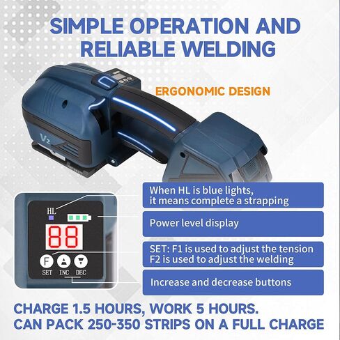 Electric Strapping Machine, Heavy Duty Handheld Strapper Strapper, Portable Digital Display Packing Tool, Easy to Use for Warehouse Packaging, 2x4000mah Battery in Saudi Arabia
