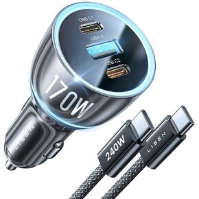 LISEN 170W GaN Car Charger USB C Fast Charge PD3.1 140W 3 Port Super Fast Charging Car Charger Laptop for MacBook iPad Pro Air Cigarette Lighter Adapter Car USB C Charger for iPhone 15 Pro with Cable