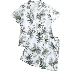 Verdusa Boy's 2 Piece Outfits Tropical Print Top and Drawstring Waist Shorts Swim Trunk Summer Vacation Beach Set