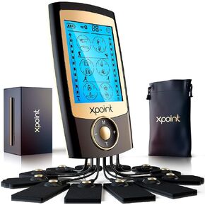 Xpoint Dual Channel Luxury TENS EMS Unit Muscle Stimulator | 16 Modes, 12 Large Electrode Pads | Back, Shoulder, Neck, Sciatica, Max Power Pain Relief Device, Rechargeable Physical Therapy | Black