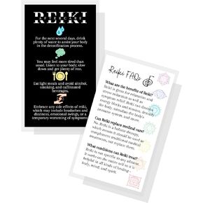 Reiki Aftercare and FAQ Client Cards | 50 Pack | 2 x 3.5" Business Cards for Practitioners to give After Session White with Chakra Bodice Spiritual Chakra Massage Therapy What to Expect from Reiki