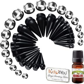 BodyJ4You 38PC Big Gauges Kit Stretching Cream Wax Jojoba Oil 00G-25mm Black Acrylic Tapers Steel Plugs Tunnels Set