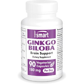 Supersmart - Ginkgo Biloba 180 mg Per Serving - Extract Standardized to 24% Ginkgo Flavonglycosides - May Improve Peak Performance & Healthy Blood Flow | Non-GMO & Gluten Free - 90 Vegetarian Capsules