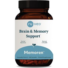 ruved Memoren, All-Natural Ayurvedic Focus and Memory Support with Ginkgo Biloba, Gotu Kola and Bacopa, Brain Health and Stress Care Supplement for Adults, 60 Vegetarian Capsules