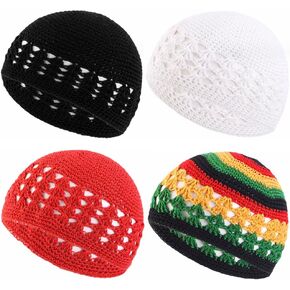 4 Pcs Knit Kufi Hats Crochet Beanie Skull Caps Solid Colors Knitted Hats Muslim Crochet Caps for Men Women Teens