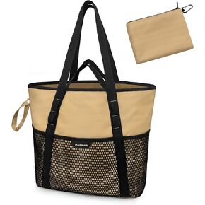 PASMAN Beach Bag with Zipper - 8 Pockets Sandproof Beach Tote Bag for Women,Foldable Lightweight Family Swim Bag Vacation