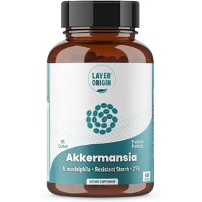 Layer Origin Akkermansia Muciniphila Probiotic with PureHMO Human Milk Oligosaccharides Prebiotic for GLP, Metabolism, 60 Capsules, 30-Day Supply