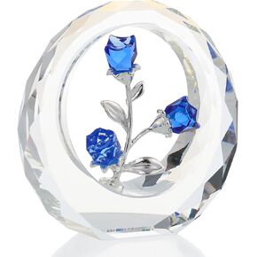 Crystal Clear Rose Bouquet Figurines Glass Flowers with Stems Valentines Anniversary Rose Gifts for Girlfriend Wife, Clear Crystal Rose in Glass Ring Collectible Figurines Forever Roses Decor