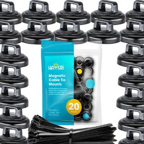 HATSBI. Multipurpose Magnetic Cable Zip Tie Mounts Neodymium Magnets Black (20 Pack). 20 Black Cable Zip Ties Included. Cable Holder for Cable Management. Holds Standard Zip Ties/Cable Ties.