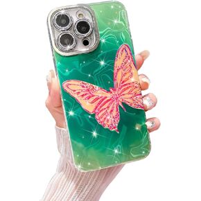 MGQILING Compatible with iPhone 14 Pro, Cute Butterfly Star Pattern Case, Luxury Water Ripple Design for Women Girls Anti-Drop Full Camera Lens Protective Back Cover-Hot Pink
