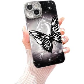 MGQILING متوافق مع iPhone 14 Pro، حافظة بنمط نجمة الفراشة اللطيفة، تصميم فاخر لتموج الماء للنساء والفتيات، غطاء خلفي واقٍ لعدسة الكاميرا الكاملة المضادة للسقوط - وردي فاقع