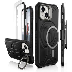 CaseBorne Compatible with iPhone 15 Protective Case - Compatible with MagSafe, Slim Yet Rugged with Tempered Glass Screen Protector, Includes Kickstand & Belt-Clip Holster - Black