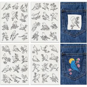 48Pcs Water Soluble Embroidery Patterns Hand Sewing Stabilizer Embroidery Stickers Birds Theme Water Soluble Stabilizer for Clothing Repair 4 Sheets