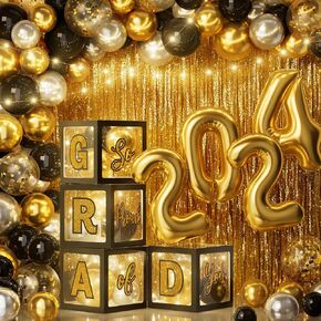 Graduation Party Decorations Class of 2024 - 86 PCS Grad Party Supplies Includes LED Light Strings Balloon Block Boxes with Letters Foil Fringe Curtain 2024 Balloons Kit - Navy Blue & Sliver