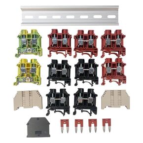 Dinkle DIN Rail Block Kit DK10N Red/Black with Jumpers Ground Terminal Blocks, 6-20 AWG, 60 Amp, 600 Volt
