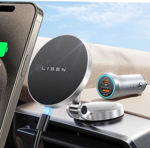 LISEN لشاحن تثبيت السيارة Magsafe بقوة 15 وات، [مجموعة ترقية] لشاحن سيارة iPhone Mag الآمن اللاسلكي مع شاحن سيارة 38 وات، حامل هاتف السيارة المغناطيسي لوحة القيادة تناسب iPhone 15 14 13 Pro Max Plus in Saudi Arabia