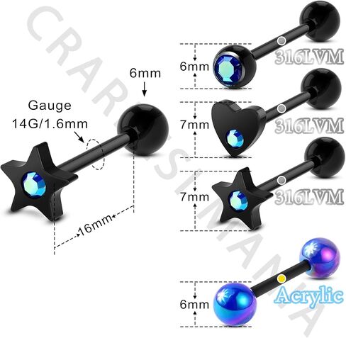 CM Crareesi Mania Tongue Rings مجوهرات ثقب اللسان الأسود 316L الفولاذ المقاوم للصدأ حلقة اللسان 14G حلقات ثقب اللسان للرجال أسود رائع ثقب اللسان in Kuwait