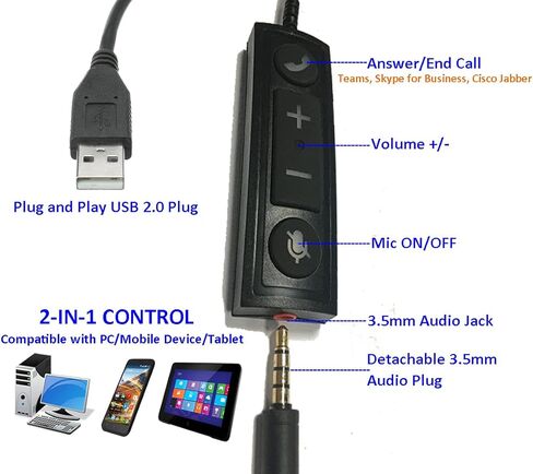 سماعة رأس USB/سماعة رأس للهاتف الخلوي مقاس 3.5 مم مع ميكروفون لإلغاء الضوضاء، سماعة رأس للكمبيوتر مع ميكروفون للتعرف على الصوت لفرق الهواتف الذكية من UC والأعمال التجارية وSkype Zoom Dragon والتعليم عبر الإنترنت وما إلى ذلك in Kuwait