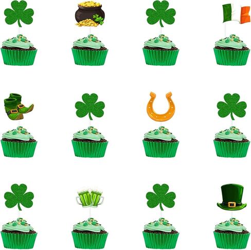 36 قطعة من أغطية الكب كيك لعيد القديس باتريك باللون الأخضر من أعواد الطعام للكب كيك، وديكورات البرسيم لمستلزمات تزيين الكيك في عيد القديس باتريك الأيرلندي in Kuwait
