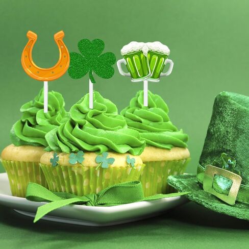 36 قطعة من أغطية الكب كيك لعيد القديس باتريك باللون الأخضر من أعواد الطعام للكب كيك، وديكورات البرسيم لمستلزمات تزيين الكيك في عيد القديس باتريك الأيرلندي in Kuwait