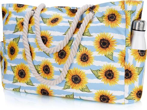 Stylish Waterproof Beach Tote Bag for Women, Large Capacity Zipper Closure with Rope Shoulder Straps, Versatile for Beach, Travel, Outdoors, Durable 600D Polyester Summer Fashion (Sunflower) in Saudi Arabia