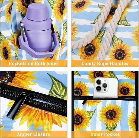 Stylish Waterproof Beach Tote Bag for Women, Large Capacity Zipper Closure with Rope Shoulder Straps, Versatile for Beach, Travel, Outdoors, Durable 600D Polyester Summer Fashion (Sunflower) in Saudi Arabia
