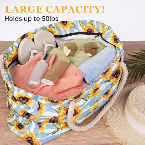 Stylish Waterproof Beach Tote Bag for Women, Large Capacity Zipper Closure with Rope Shoulder Straps, Versatile for Beach, Travel, Outdoors, Durable 600D Polyester Summer Fashion (Sunflower) in Saudi Arabia