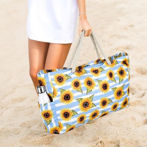 Stylish Waterproof Beach Tote Bag for Women, Large Capacity Zipper Closure with Rope Shoulder Straps, Versatile for Beach, Travel, Outdoors, Durable 600D Polyester Summer Fashion (Sunflower) in Saudi Arabia