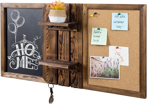 مجموعة تنظيم وحدات من الخشب الصلب المحترق مثبتة على الحائط مقاس 32 × 16 بوصة من MyGift مع سبورة طباشير ولوحة إعلانات من الفلين ورفوف عرض و3 خطافات مفاتيح معدنية in Kuwait