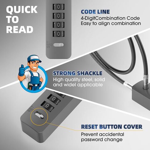 Cable Locks with Combination, 23.6Inch Steel Small Cable Rope Locks with 4-Digit Combination, Resettable Code for Bikes, Fence, Pet Door, Lockers, Cabinets, Refrigerator Doors (Black - 1pc) in Kuwait