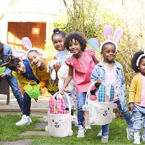 قطعتان من أكياس سلة عيد الفصح، دلاء بيض للأطفال، حقيبة أرنب محمولة قابلة لإعادة الاستخدام، هدايا سلة من القطيفة للأولاد والبنات، ديكورات الحفلات باللونين الوردي والأزرق in Kuwait