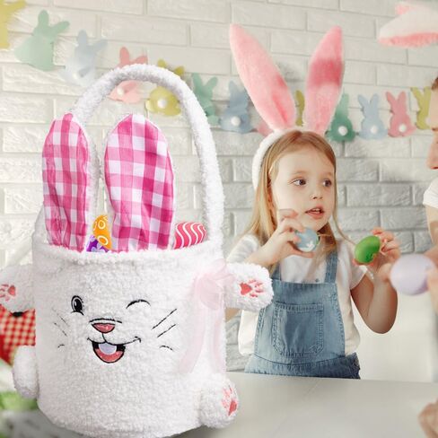 قطعتان من أكياس سلة عيد الفصح، دلاء بيض للأطفال، حقيبة أرنب محمولة قابلة لإعادة الاستخدام، هدايا سلة من القطيفة للأولاد والبنات، ديكورات الحفلات باللونين الوردي والأزرق in Kuwait
