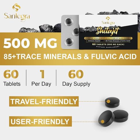 500 ملجم من أقراص شيلاجيت، غنية بحمض الفولفيك و86+ من المعادن النادرة، للطاقة والجهاز المناعي، 60 قطعة in Saudi Arabia