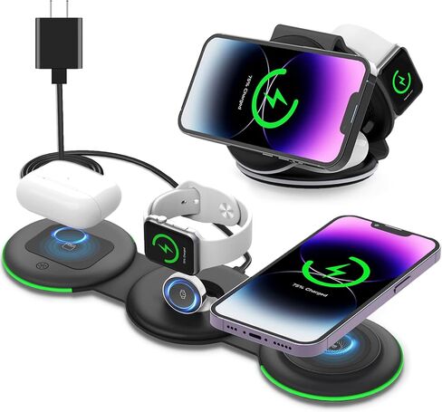 Foldable Wireless Charger 3 in 1,Wireless Charging Station for Multiple Devices,Magnetic Travel Charging Station for iPhone 14 13 12 Pro/Max,AirPods 3/Pro 2/Pro,iWatch(Adapter Included), Black in Saudi Arabia