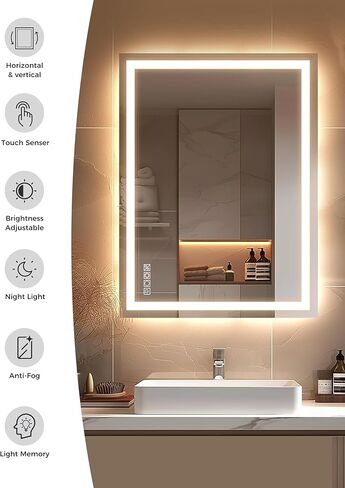 مرآة حمام LED مقاس 48 بوصة × 36 بوصة من LOHAS مع إضاءة أمامية وخلفية، مرآة رقمية، مرايا حائط قابلة للتعتيم بدون خطوات مع مقاومة للضباب، مقاومة للكسر، ذاكرة، 3CCT، إضاءة ليلية، مرآة زينة LED in Kuwait