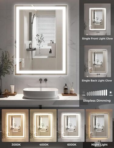 مرآة حمام LED مقاس 48 بوصة × 36 بوصة من LOHAS مع إضاءة أمامية وخلفية، مرآة رقمية، مرايا حائط قابلة للتعتيم بدون خطوات مع مقاومة للضباب، مقاومة للكسر، ذاكرة، 3CCT، إضاءة ليلية، مرآة زينة LED in Kuwait