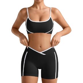 Reltey Womens Workout Sets 2 Piece Seamless Sports Bra Crossover Scrunch Butt Shorts Contrast Trim Gym Yoga Outfits Padded in Kuwait
