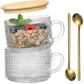 4pcs Set Vintage Coffee Mugs gifts for women, Overnight Oats Containers with Bamboo Lids and Spoons - 14oz Clear Embossed Glass Cups, Cute Coffee Bar Accessories, Iced Coffee Glasses in Kuwait
