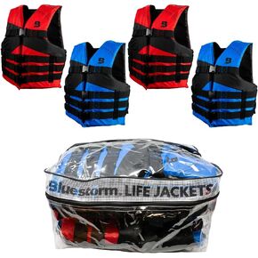 سترة نجاة للقوارب العامة للرياضات المائية ذات 4 إبزيم من Bluestorm® للبالغين | سترة نجاة من الإسفنج العالمي معتمدة من خفر السواحل الأمريكي (USCG) من النوع 3 (PFD)، 4 قطع باللون الأحمر/الأزرق مع حقيبة، عالمية للبالغين in Kuwait