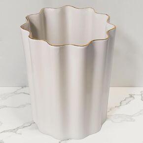 White and Gold Ceramic Fluted Small Bathroom Trash Can 2 Gal - Luxury Stone Trash Can-Heavy & Decorative Garbage Bin for Bathroom, Kitchen, Office, Bedroom & Living Room Corner (White and gold) in Kuwait