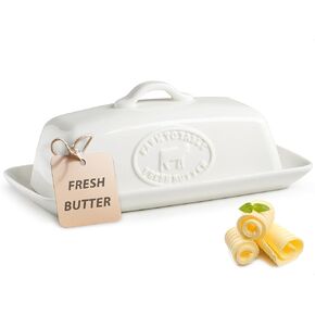 Cow Butter Dish, Ceramic Butter Dish with Lid for Countertop, White Butter Tray with Handle, Farmhouse Covered Butter Holder Container for East West Coast Butter Storage in Kuwait