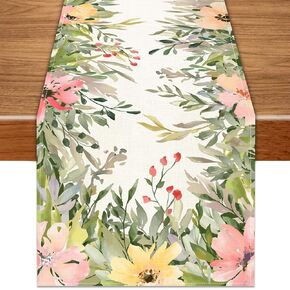 الكتان الألوان المائية الزهور الربيع الجدول عداء 13x72 بوصة، الأزهار الموسمية عطلة المطبخ غرفة الطعام منضدية العدائين للمنزل داخلي رف حزب مزرعة الديكور in Kuwait