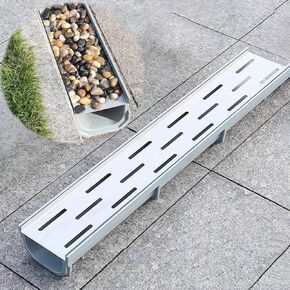 Drainage Grille Drainage Channel Drainage Ditch, with Stainless Steel Grille, Pebble Filled Groove Drainage Ditch, Indoor and Outdoor Drainage Ditch Kit(100 * 15 * 25cm) in Kuwait