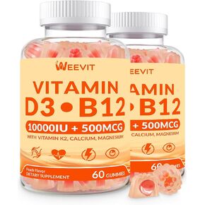 WEEVIT Vitamin D3 B12 Gummies, Vitamin D 10000IU & 500mcg Methyl B12 with Vitamin A, C, K, Calcium, Magnesium, Zinc for Women & Men, Support Eye, Bone, Energy in Kuwait