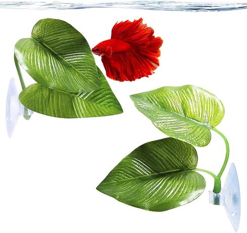 SunGrow Betta Fish Leaf Hammock, Twin Leaf Design with Suction Cup, 2-Pack - Comfortable Resting, Breathing & Breeding Pads, Easy Install, Simulates Natural Habitat for Healthier Betta in Saudi Arabia
