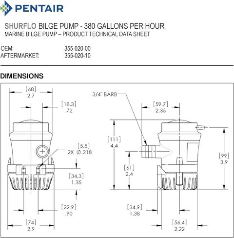 مضخة ماء آسن PENTAIR SHURFLO 355-020-10، مضخة بحرية غاطسة 380 GPH، مضادة للقفل الهوائي، غلاف ABS، دافعة من النايلون، محمية بالإشعال، 12 فولت تيار مستمر، معتمدة من CE in Saudi Arabia