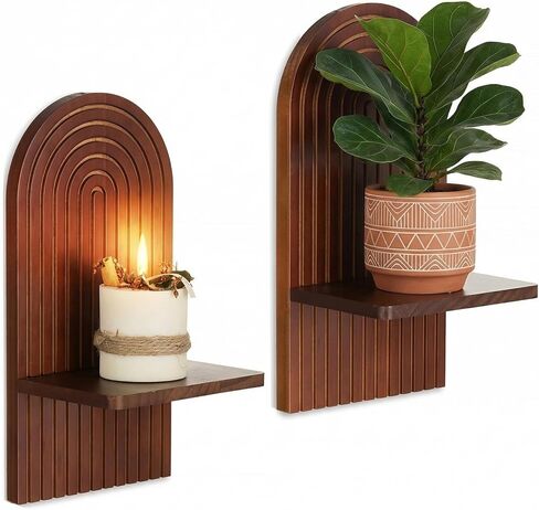 شمعدات شمعة حديثة في منتصف القرن: مجموعة من 2 حامل شمعة Walnut Boho Wall لغرفة المعيشة - أرفف شمعة في منتصف القرن بجانب الموقد in Saudi Arabia