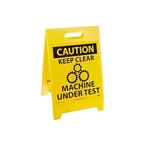NMC FS17 Double Sided Floor Sign, Legend "CAUTION - KEEP CLEAR MACHINE UNDER TEST KEEP CLEAR HAZARDOUS AREA", 12" Length x 20" Height, Coroplast, Black on Yellow in Saudi Arabia